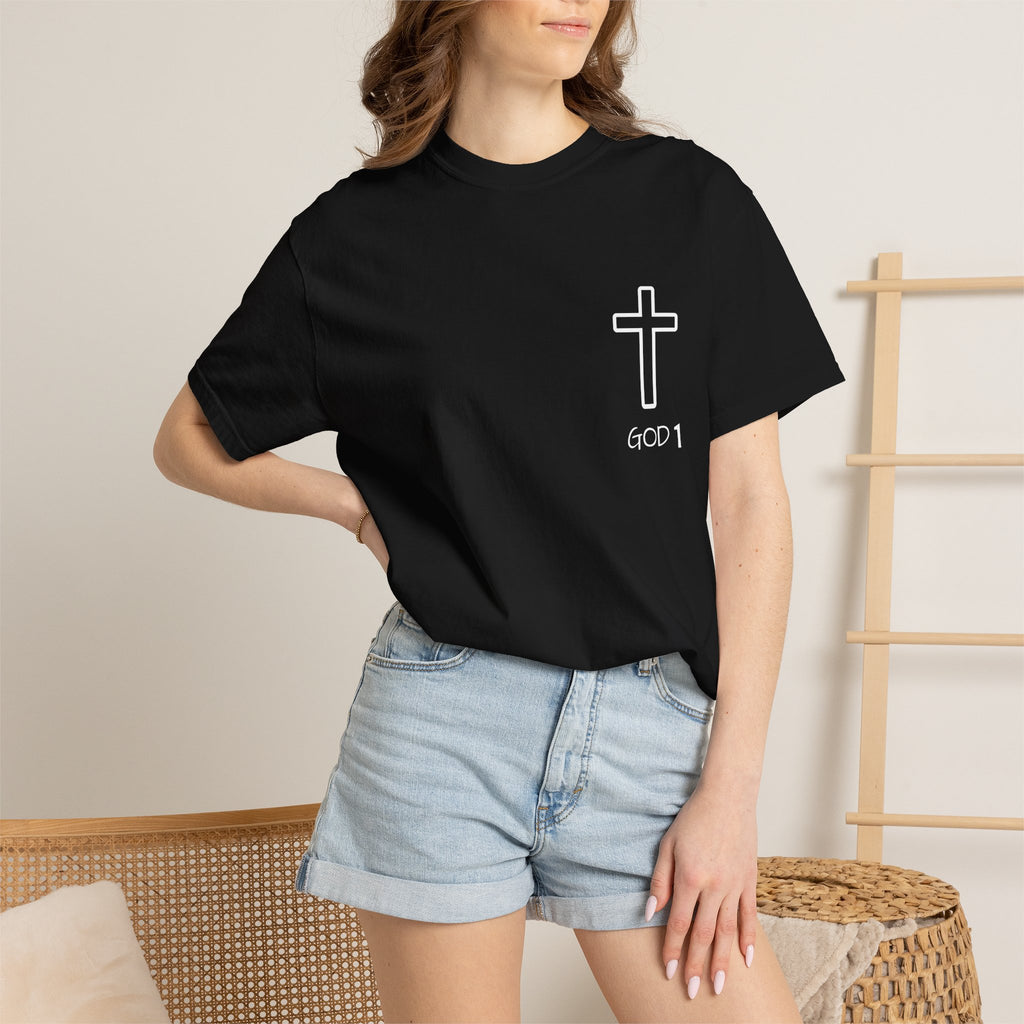 Faith Cross Pocket T-Shirt — "GOD 1" Minimal Christian Tee
