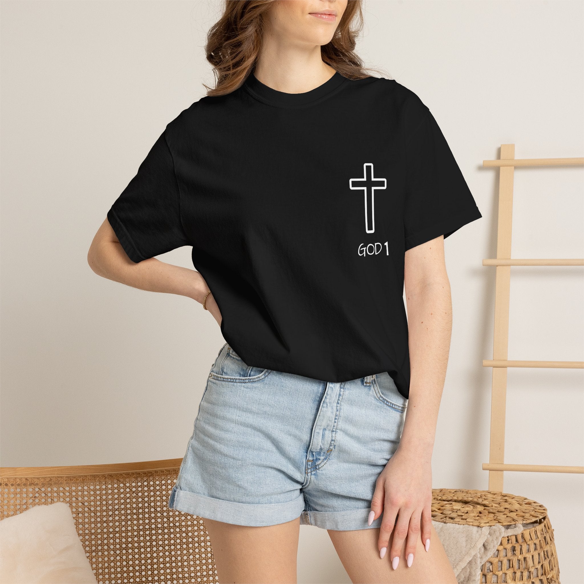 Faith Cross Pocket T-Shirt — "GOD 1" Minimal Christian Tee
