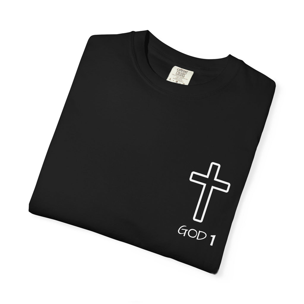 Faith Cross Pocket T-Shirt — "GOD 1" Minimal Christian Tee