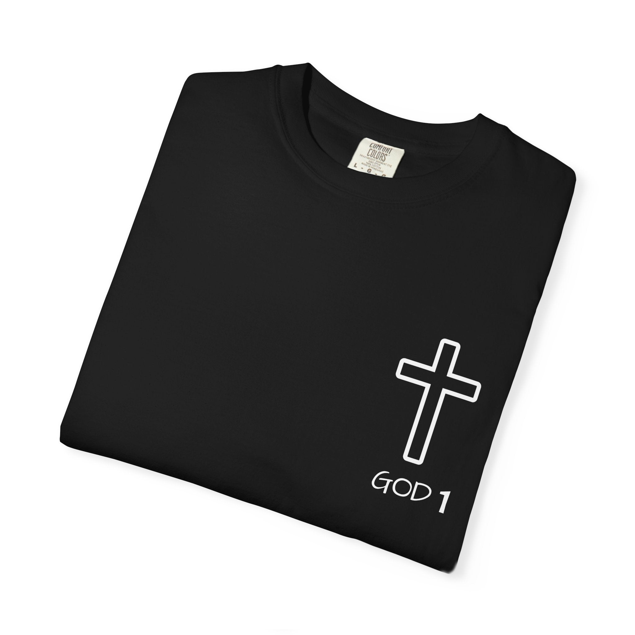 Faith Cross Pocket T-Shirt — "GOD 1" Minimal Christian Tee