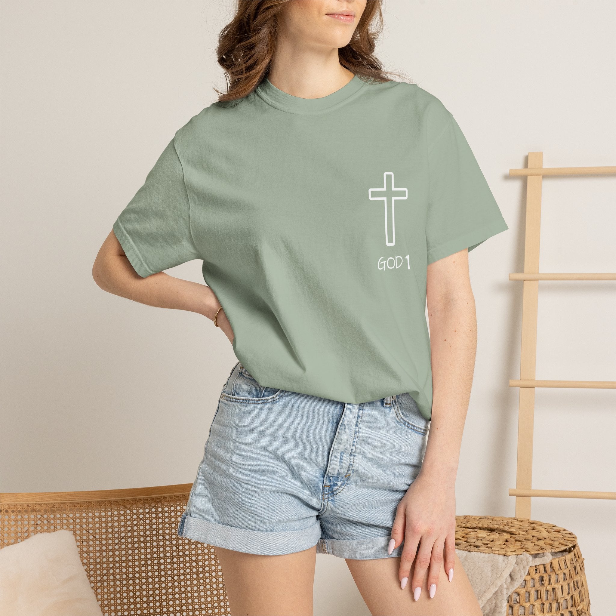 Faith Cross Pocket T-Shirt — "GOD 1" Minimal Christian Tee