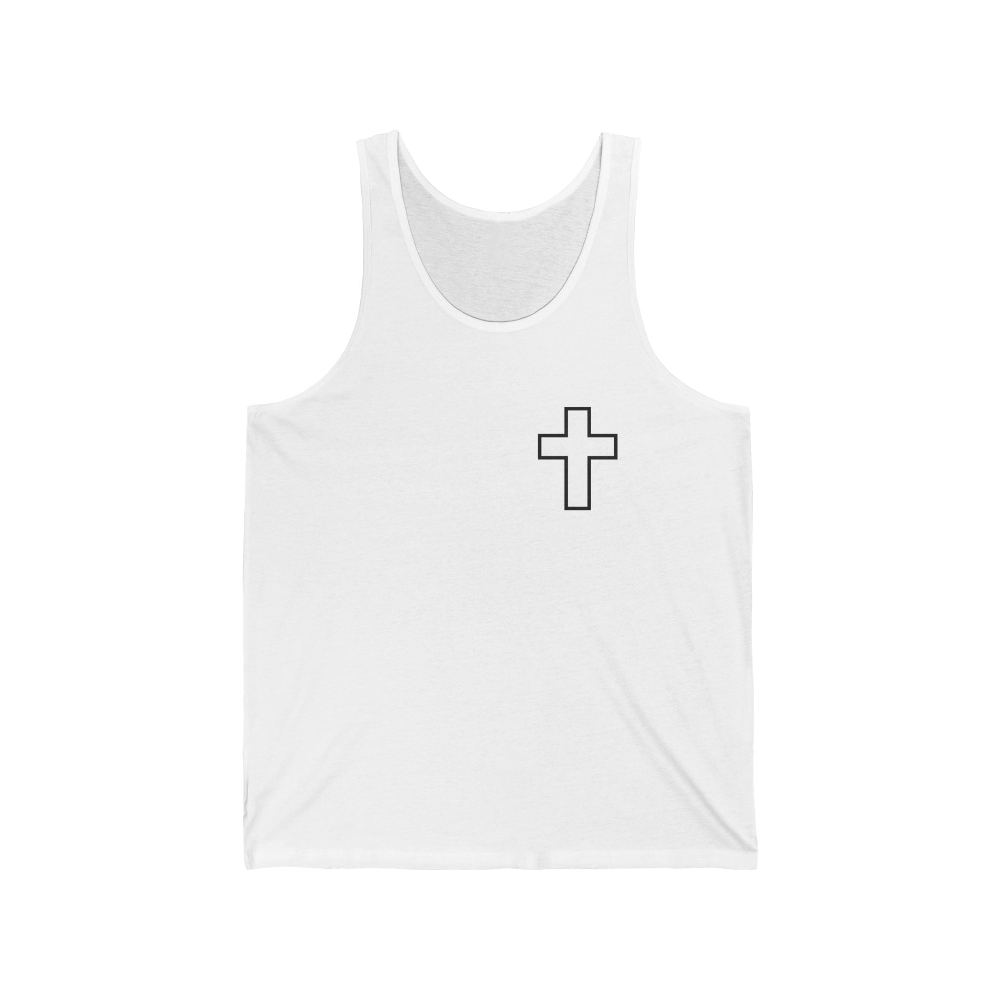 Minimal Cross Tank Top — Small Chest Christian Cross Graphic, Faith Tee for Church & Everyday Wear
