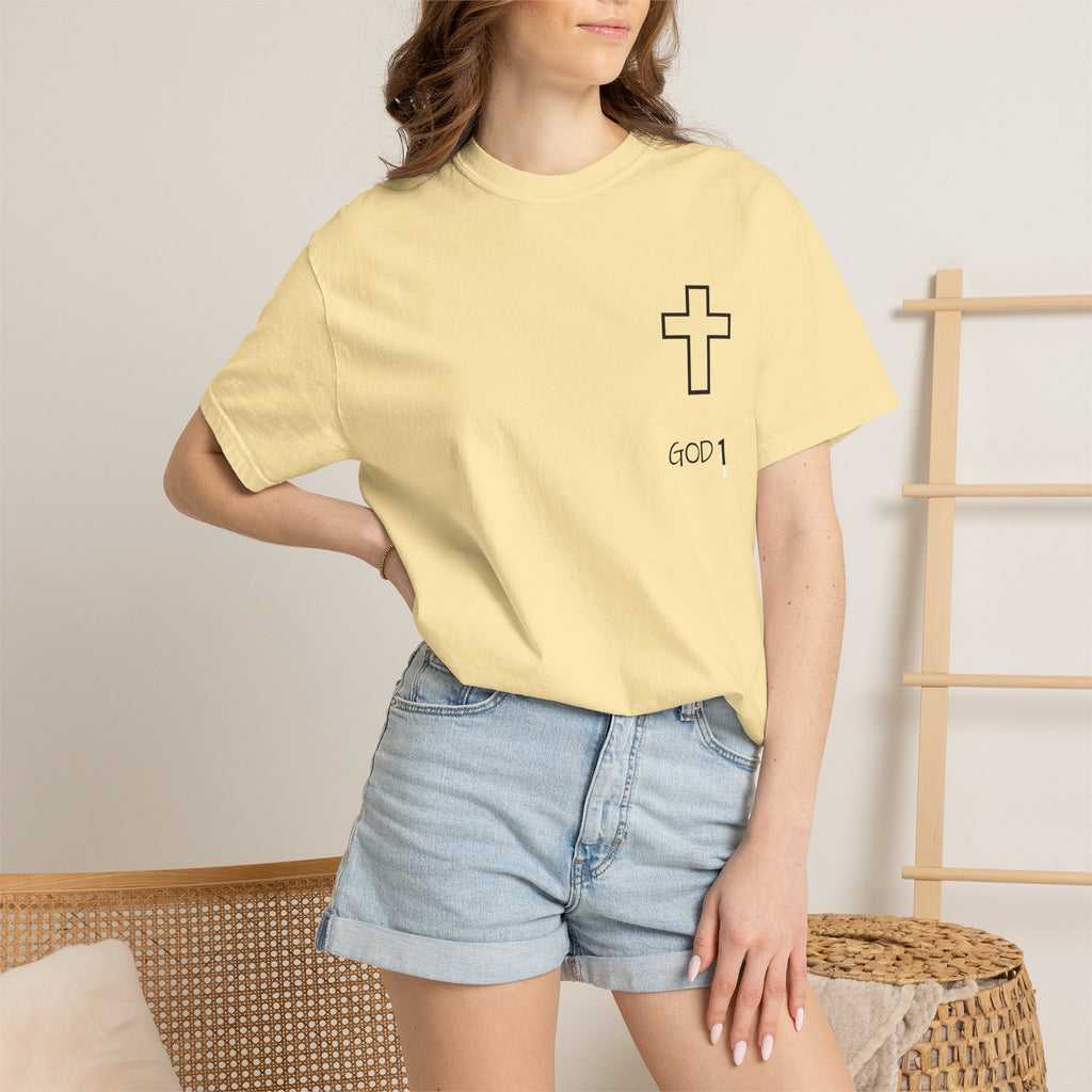 Faith Cross Pocket T-Shirt — "GOD 1" Minimal Christian Tee