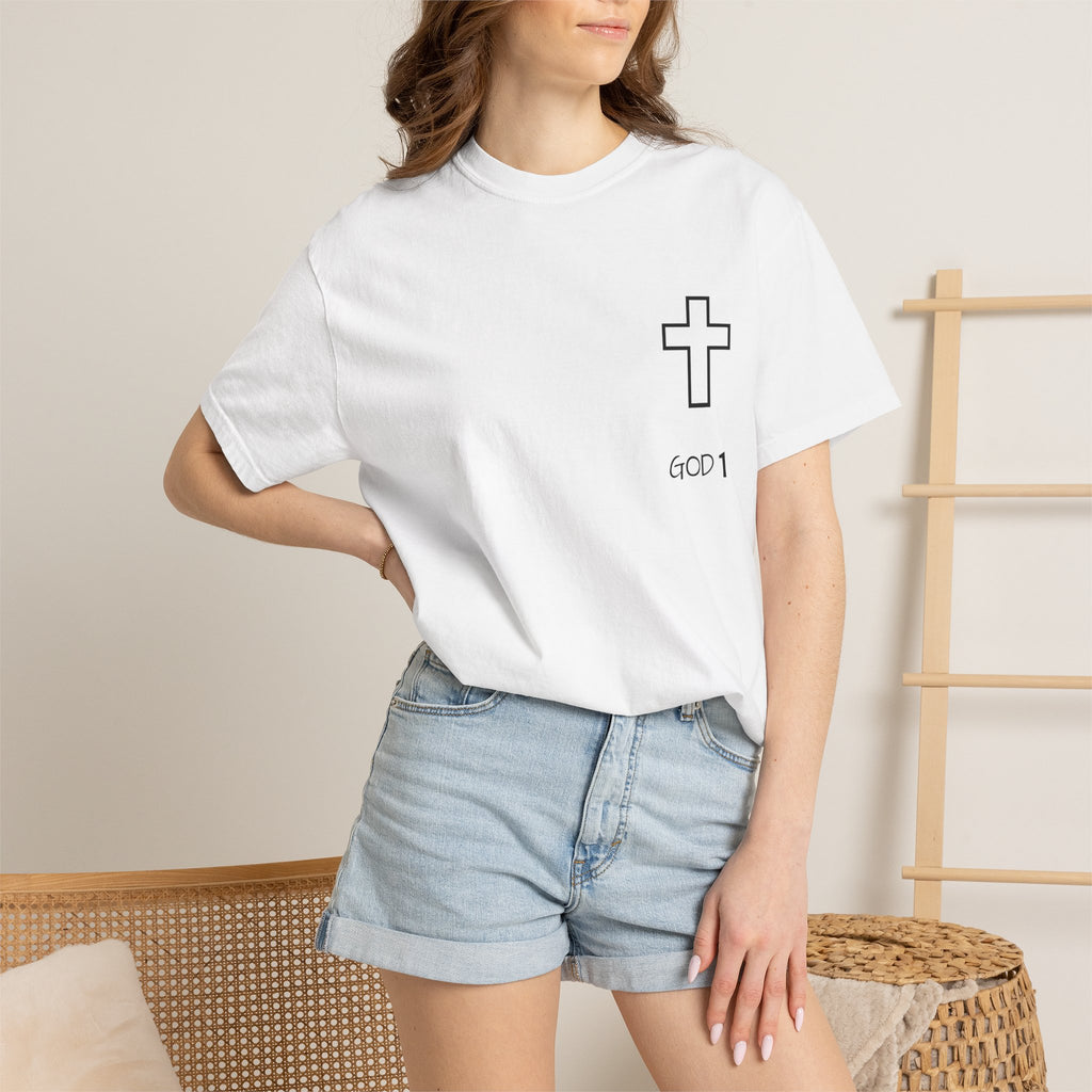 Faith Cross Pocket T-Shirt — "GOD 1" Minimal Christian Tee