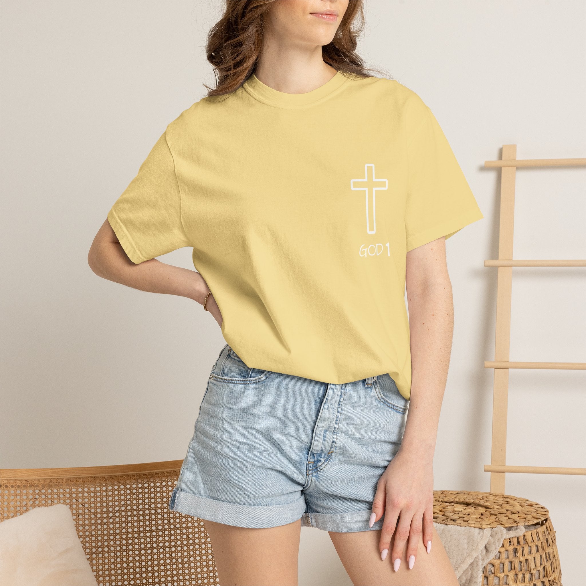 Faith Cross Pocket T-Shirt — "GOD 1" Minimal Christian Tee