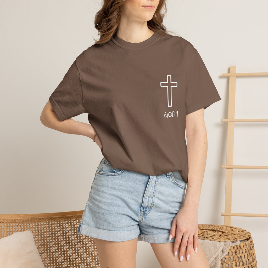 Faith Cross Pocket T-Shirt — "GOD 1" Minimal Christian Tee