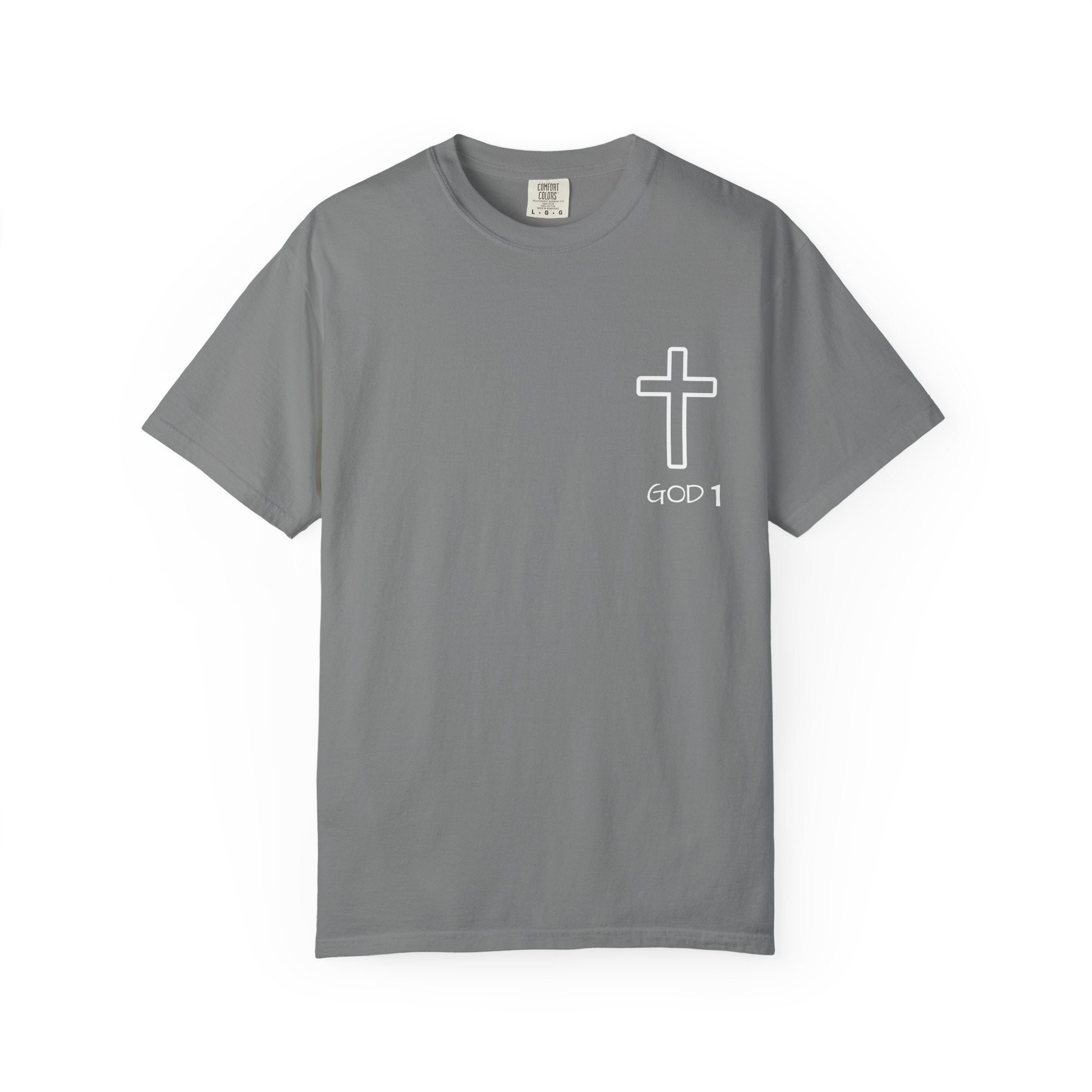 Faith Cross Pocket T-Shirt — "GOD 1" Minimal Christian Tee
