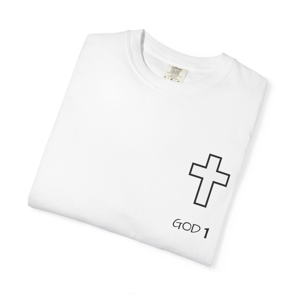 Faith Cross Pocket T-Shirt — "GOD 1" Minimal Christian Tee