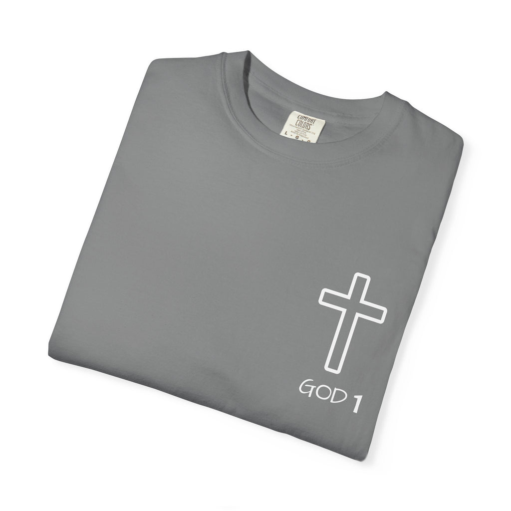 Faith Cross Pocket T-Shirt — "GOD 1" Minimal Christian Tee