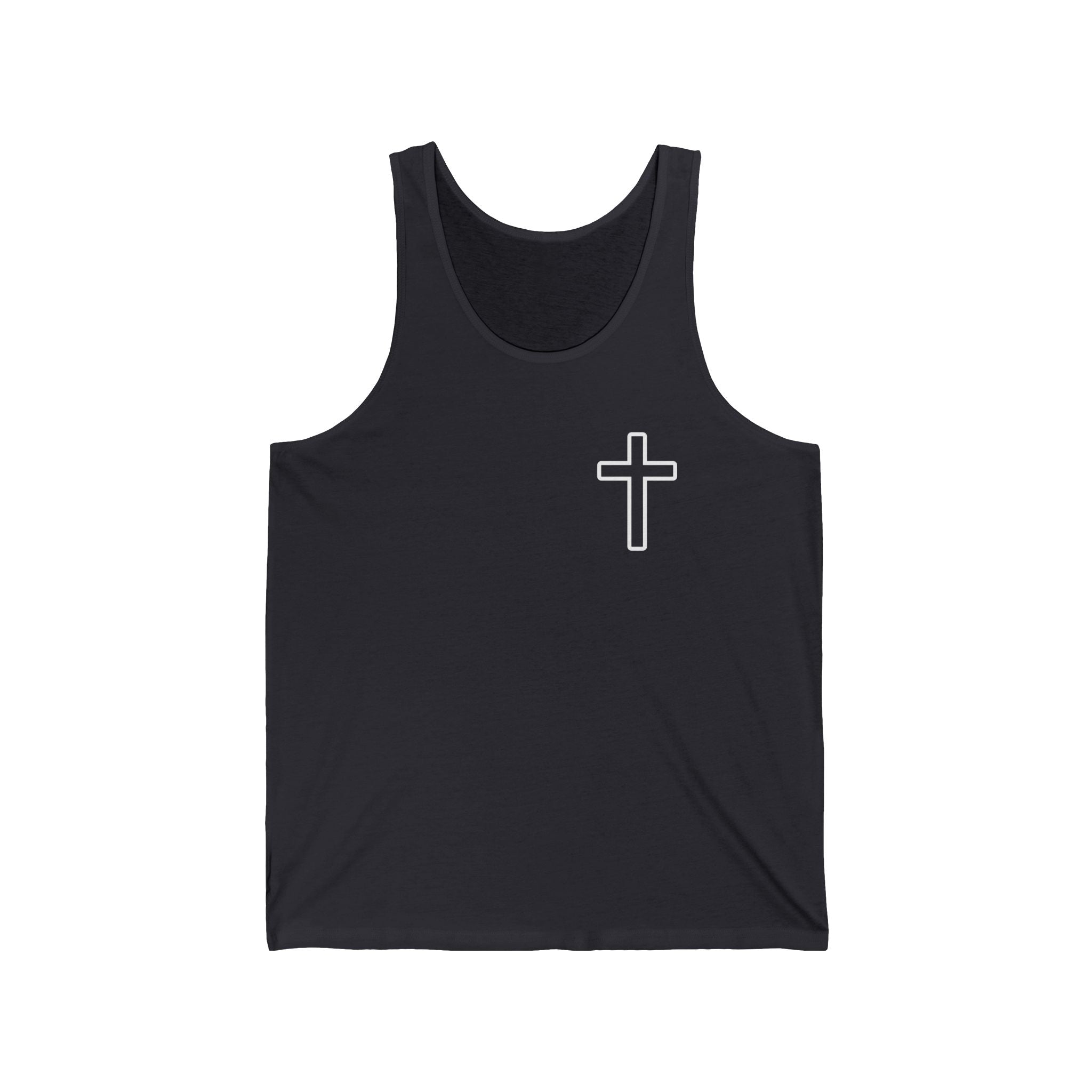 Minimal Cross Tank Top — Small Chest Christian Cross Graphic, Faith Tee for Church & Everyday Wear