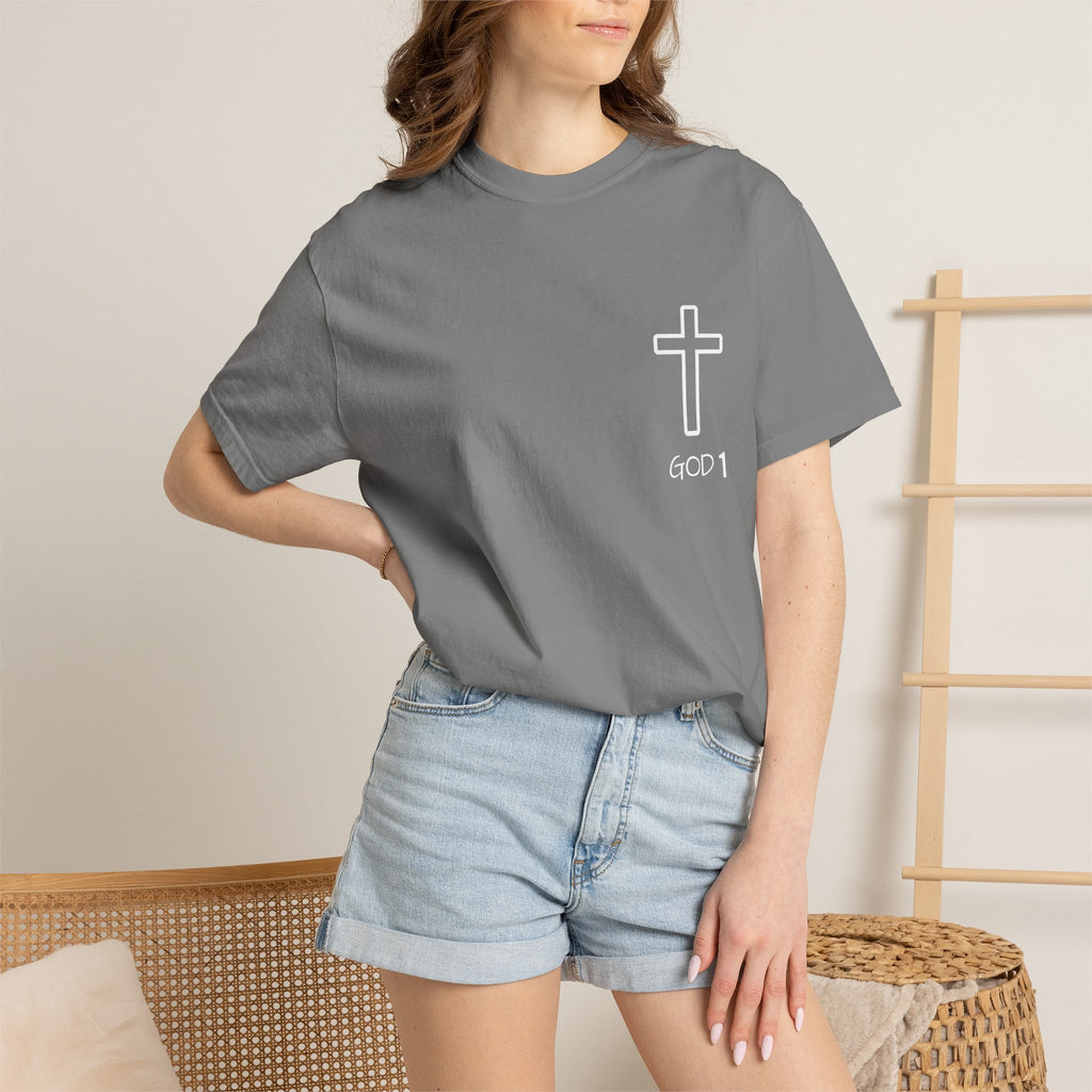 Faith Cross Pocket T-Shirt — "GOD 1" Minimal Christian Tee