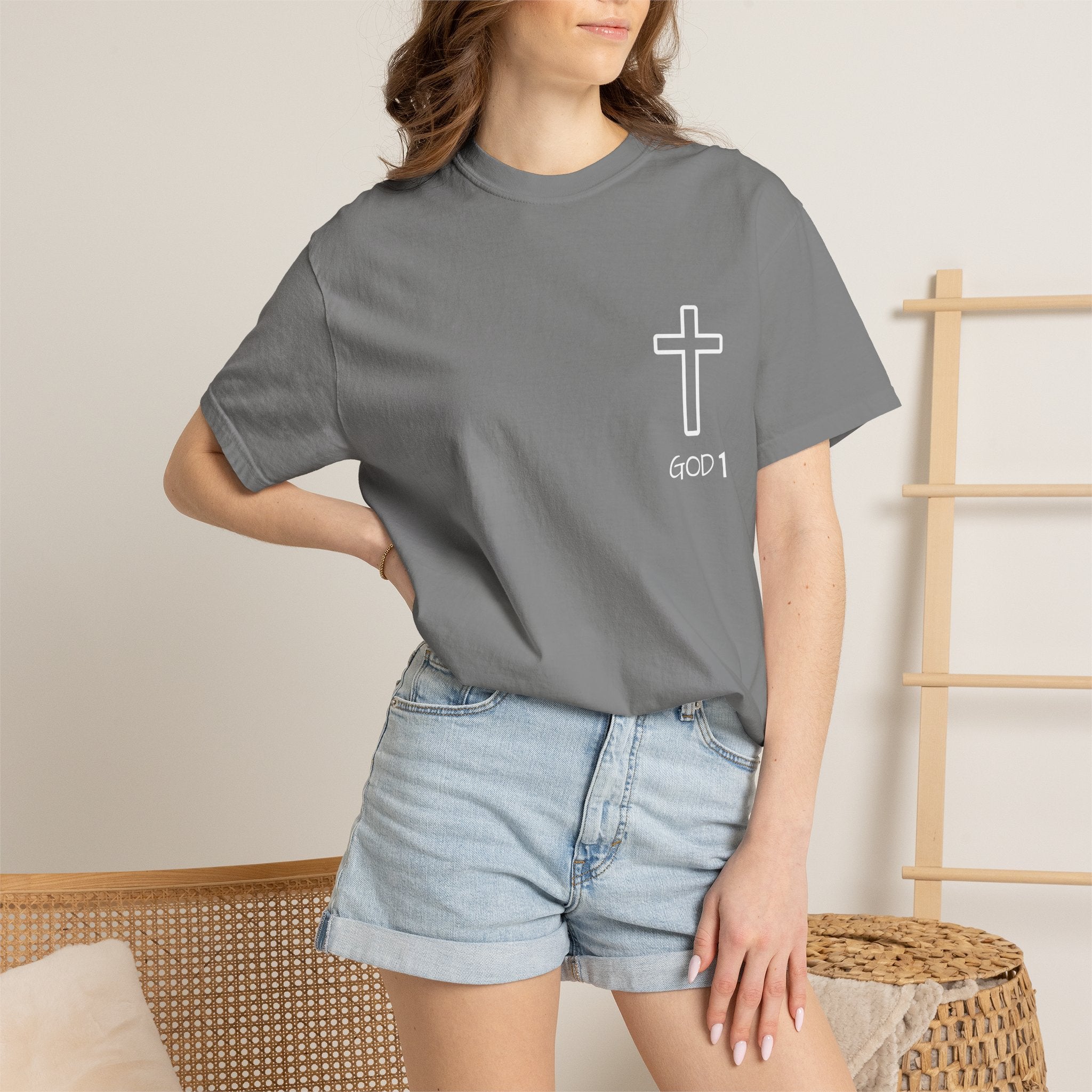 Faith Cross Pocket T-Shirt — "GOD 1" Minimal Christian Tee